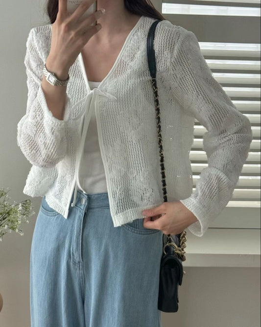Lace Mesh Ribbon Cardigan